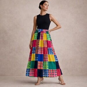 Maeve Anthropologie Patchwork A-Line Maxi Skirt Boho Colorful Plaid Ruffle Small